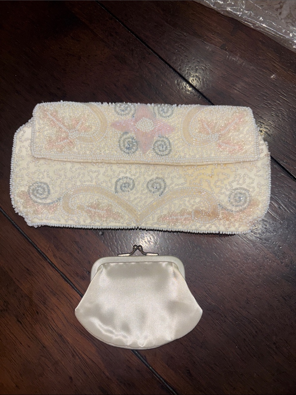 Vintage Walborg Ivory Beaded Clutch White satin Evening Bag & Satin Coin Purse